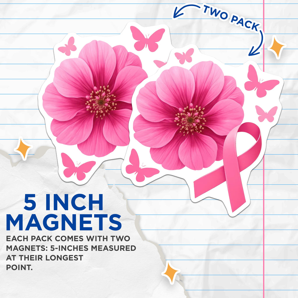 (2 Pack) Breast Cancer Awareness Magnets - Pink Ribbon Survivor Support - Floral Butterfly Inspiration - 5 Inches On Longest Side - Thick Durable Magnet - Made in USA - MAG36722