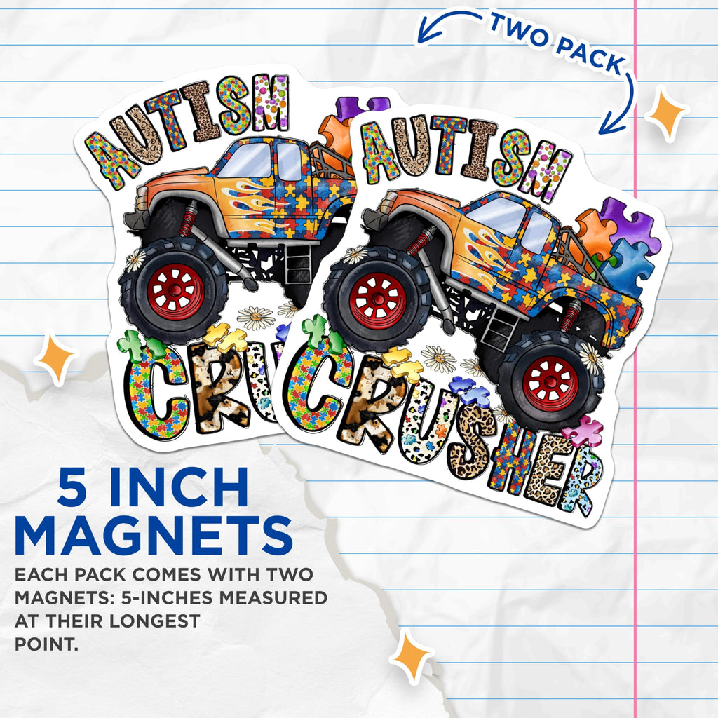 (2 Pack) Autism Crusher Magnets - Autism Awareness Puzzle Truck - Neurodiversity Support Monster Truck - 5 Inches On Longest Side - Thick Durable Magnet - Made in USA - MAG30120