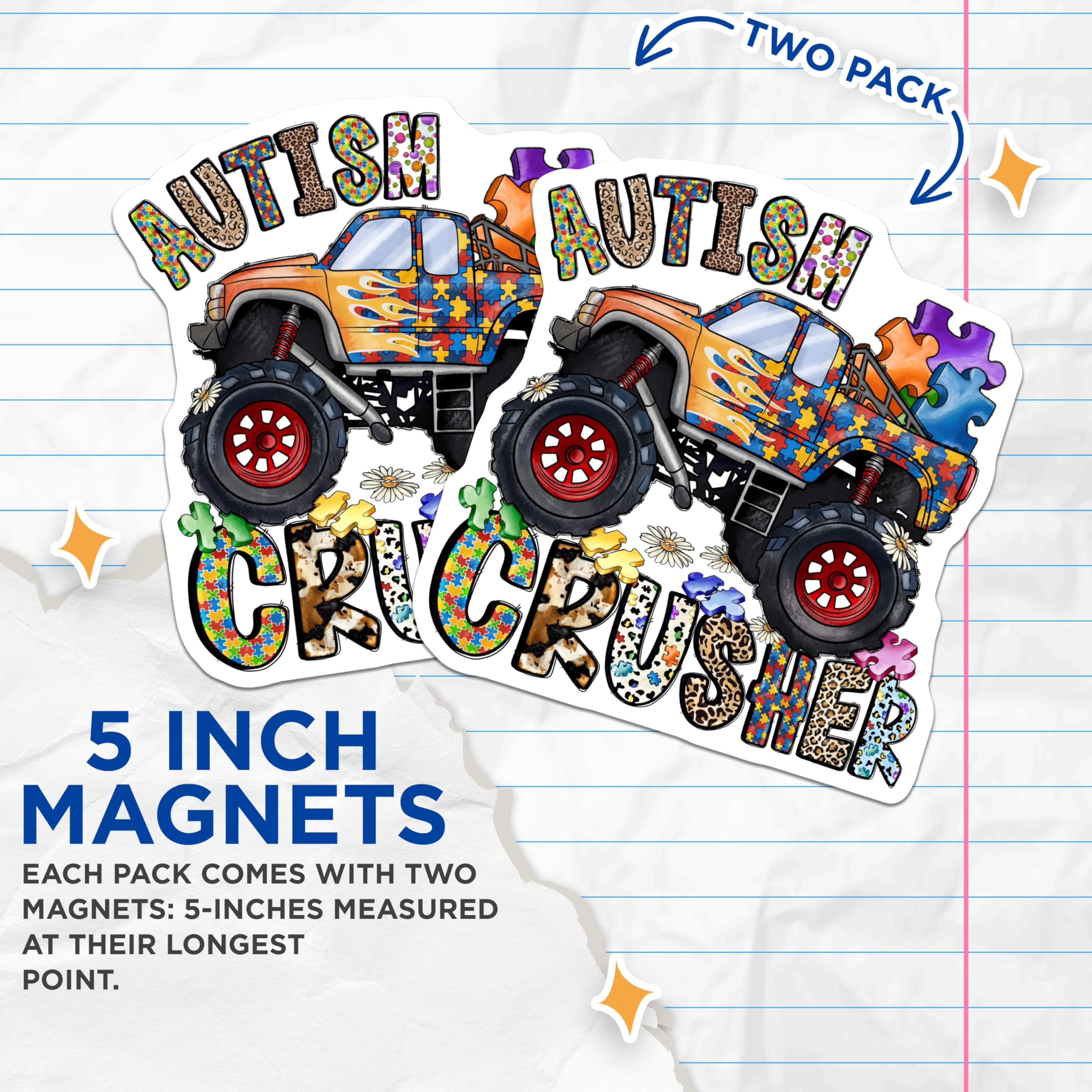 (2 Pack) Autism Crusher Magnets - Autism Awareness Puzzle Truck - Neurodiversity Support Monster Truck - 5 Inches On Longest Side - Thick Durable Magnet - Made in USA - MAG30120