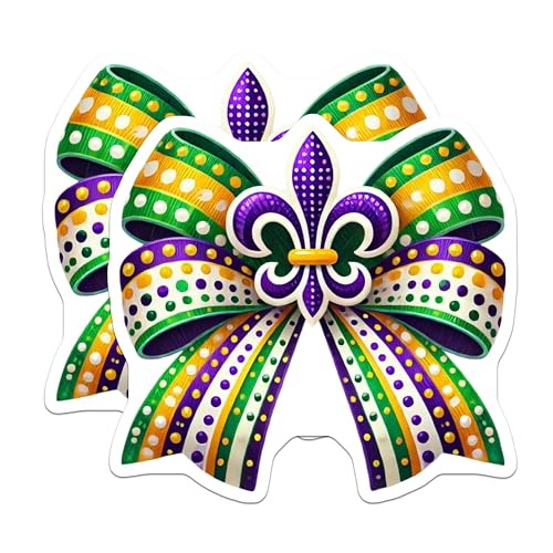 (2 Pack) Mardi Gras Fleur De Lis Bow Stickers - Festive Mardi Gras Decor - 5" On Longest Side - Sticks to Smooth Flat Surfaces - Made in USA - BMCS9055 - BMCS9055