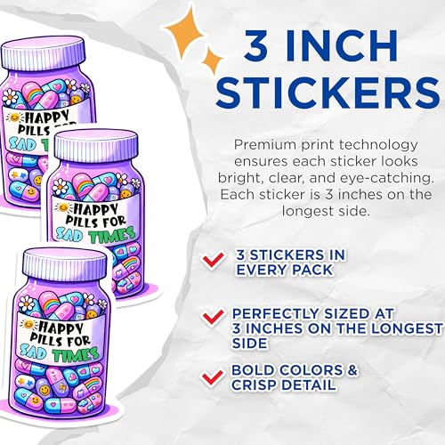 (3 Pack) Happy Pills Decals - Mental Health - Laptop Decals - 3 Inches On Longest Side - Easy Peel & Apply - Made in USA - 3MCS6270