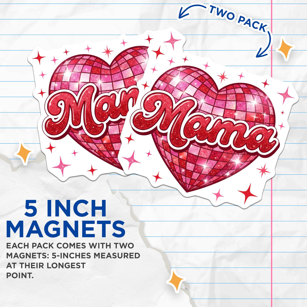 (2 Pack) Mama Heart Magnets - Disco Ball Mom - Mother's Day Refrigerator Magnets - 5" On Longest Side - Premium Magnet - for Cars, Refrigerators, Toolboxes, Lockers - Made in USA - MAG14184