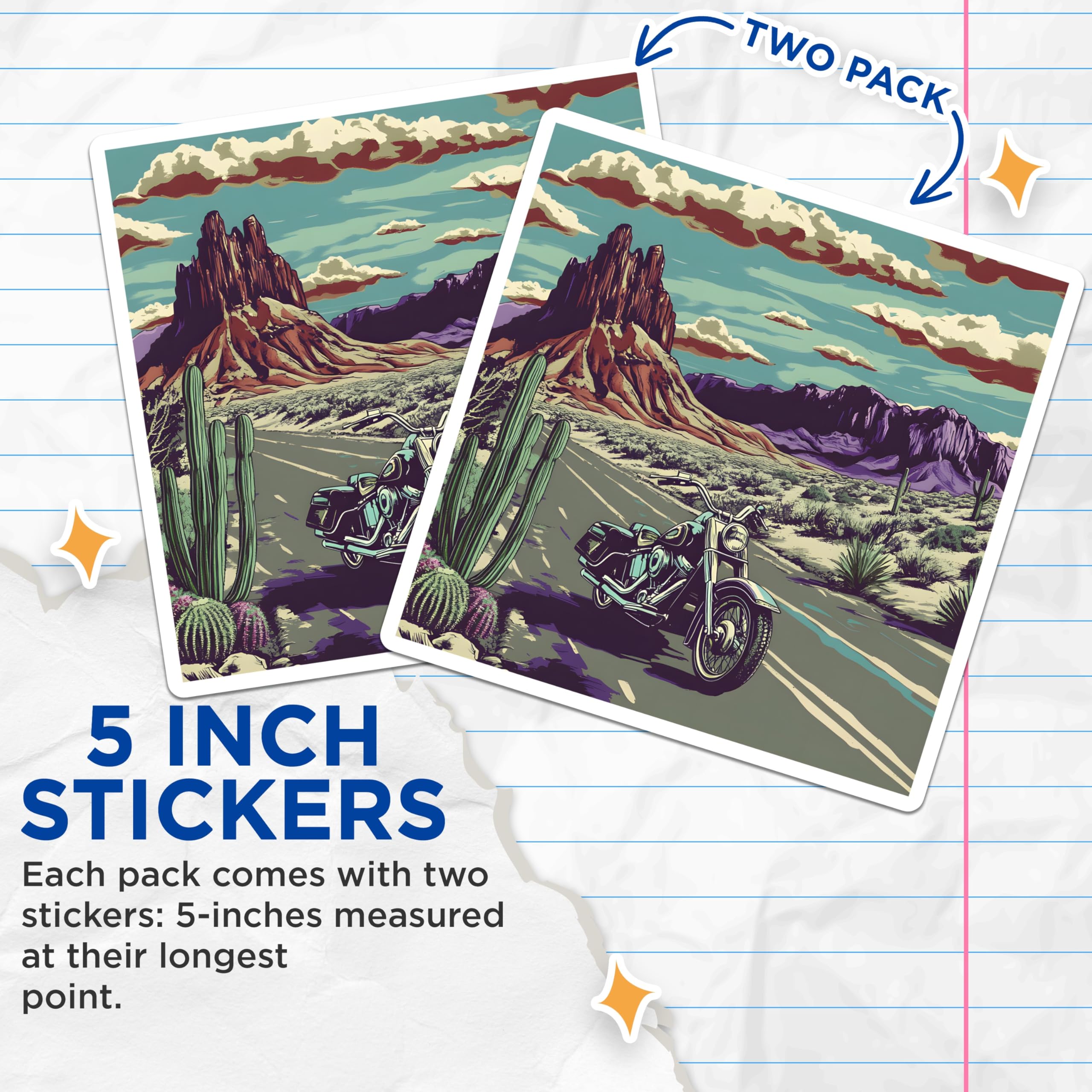 (2 Pack) Motorcycle Desert Stickers - American Biker - Southwest Art Sticker - 5" On Longest Side - Sticks to Smooth Flat Surfaces - Made in USA - BMCS18172