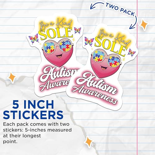 (2 Pack) Be A Kind Sole Stickers - Autism Awareness - Inspirational Positive - 5" On Longest Side - Sticks to Smooth Flat Surfaces - Made in USA - BMCS6620