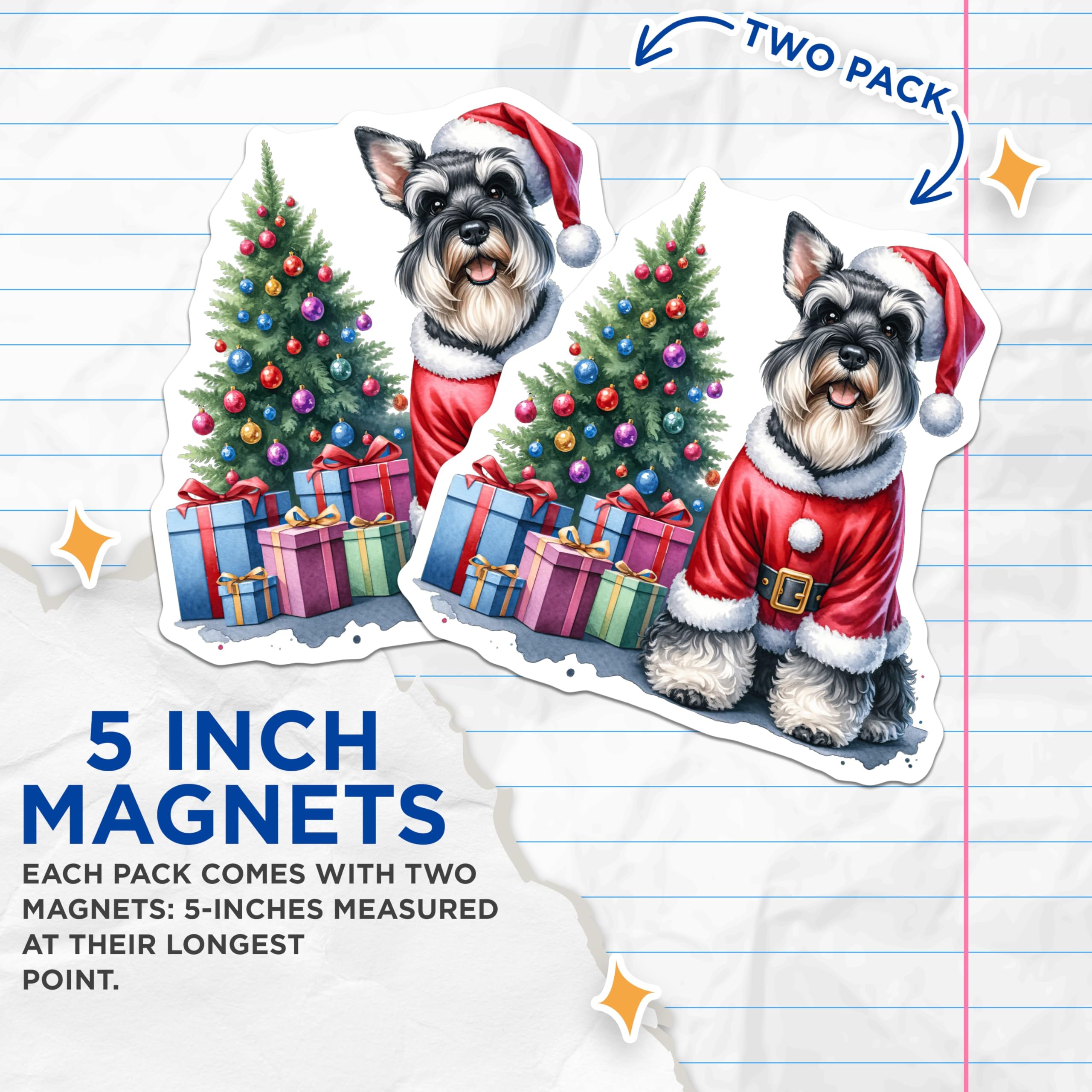(2 Pack) Schnauzer Christmas Magnets - Santa Dog Holiday Decor - Pet Lover Seasonal Art - 5 Inches On Longest Side - Thick Durable Magnet - Made in USA - MAG27571