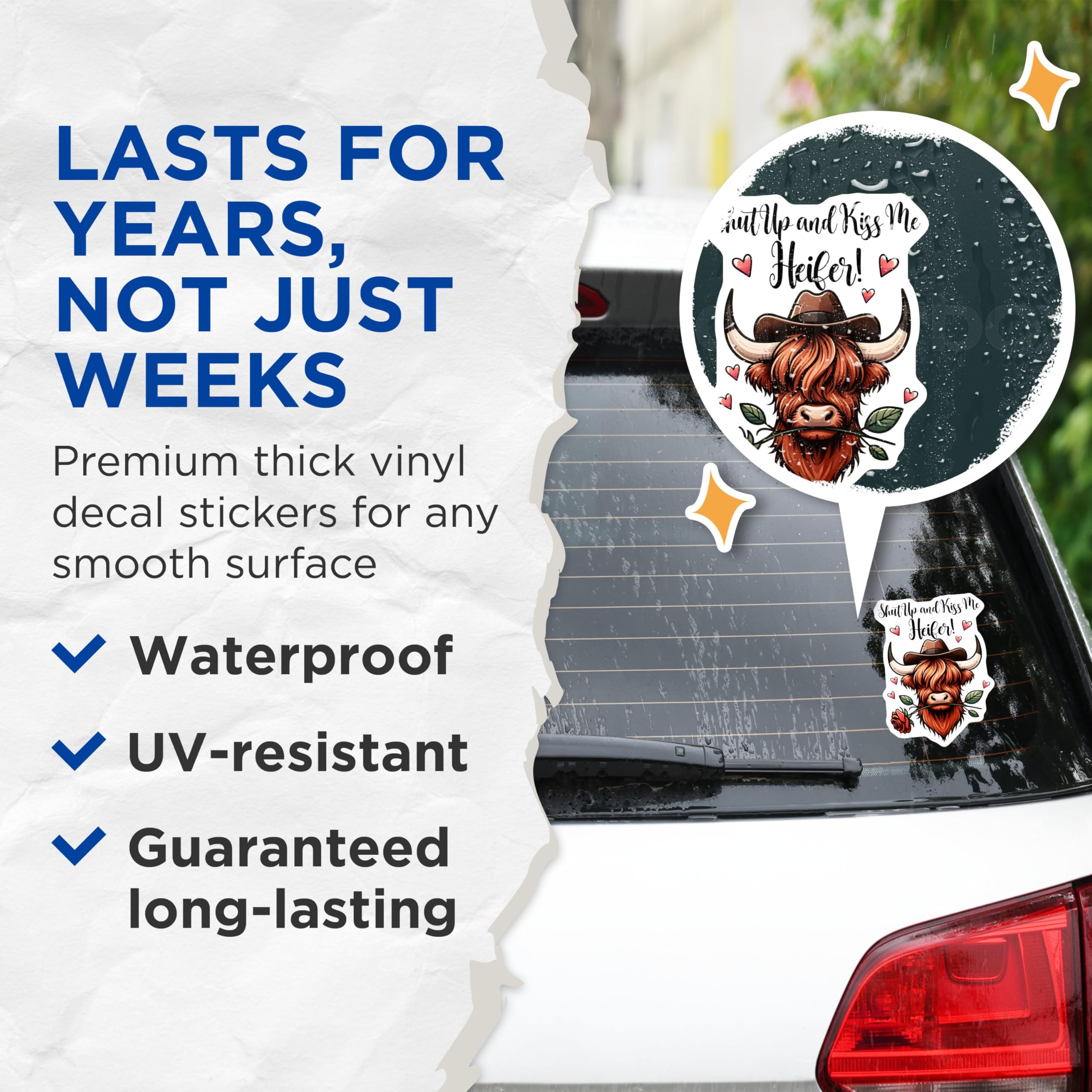 (2 Pack) Funny Highland Cow Stickers - Shut Up and Kiss Me Heifer Decal - Cute Animal Stickers - 5" On Longest Side - Sticks to Any Smooth Flat Surface - Made in USA - BMCS3154