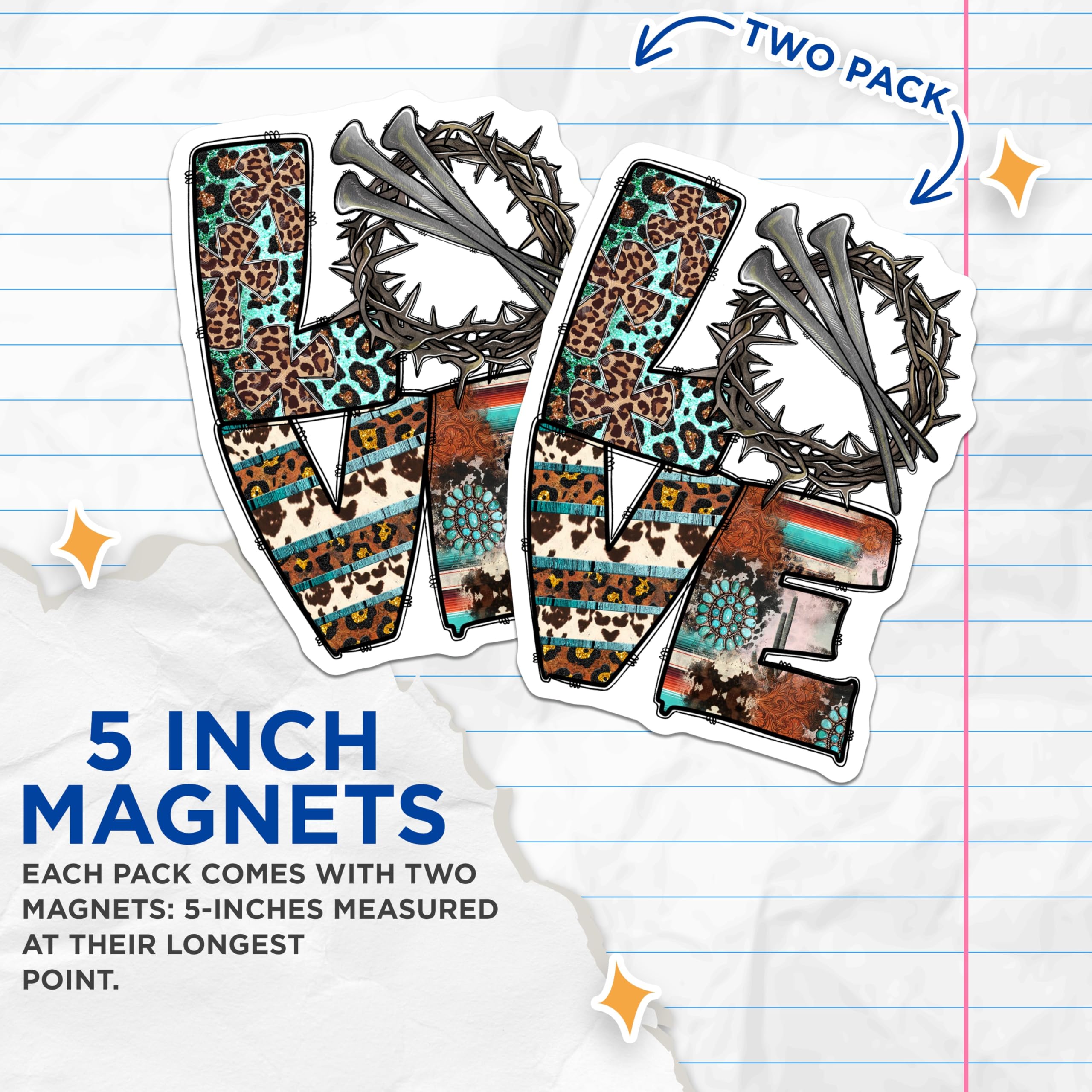 (2 Pack) Christian Western Love Magnets - Jesus Crown Thorns - Boho Leopard Cowhide Turquoise - 5 Inches On Longest Side - Thick Durable Magnet - Made in USA - MAG29129