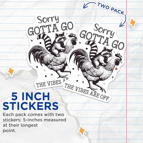 (2 Pack) Funny Raccoon Riding Chicken Stickers - Sorry Gotta GO - Humor Animal - 5" On Longest Side - Sticks to Smooth Flat Surfaces - Made in USA - BMCS6218