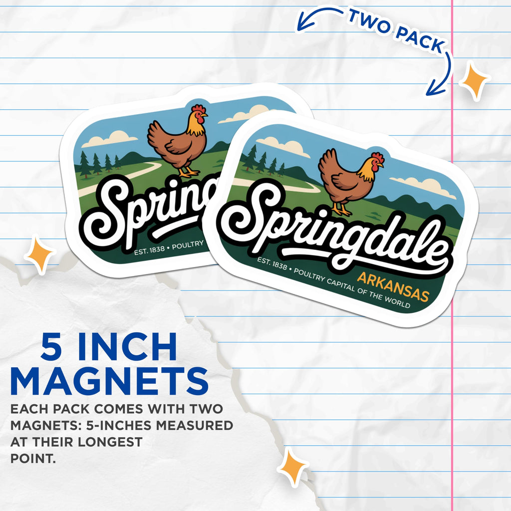 (2 Pack) Springdale Arkansas Magnets - Retro Chicken Decor - Poultry Capital Souvenir - 5" On Longest Side - Premium Magnet - for Cars, Refrigerators, Toolboxes, Lockers - Made in USA - MAG18726