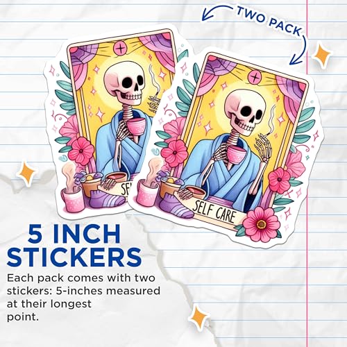 (2 Pack) Self Care Skeleton Stickers - Funny Skeleton Art - Humorous Self Care Illustration - 5" On Longest Side - Sticks to Smooth Flat Surfaces - Made in USA - BMCS9449