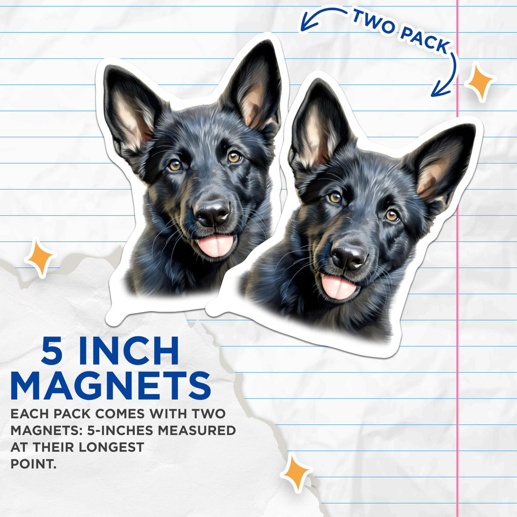 (2 Pack) Black German Shepherd Magnets - GSD Dog Breed Art - Animal Lover Refrigerator Magnet - Canine Companion Decor - 5 Inches On Longest Side - Thick Durable Magnet - Made in USA - MAG30016