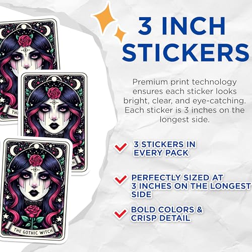 (3 Pack) Gothic Witch Decals - Tarot Card Stickers - Laptop Decal - 3 Inches On Longest Side - Easy Peel & Apply - Made in USA - 3MCS4186