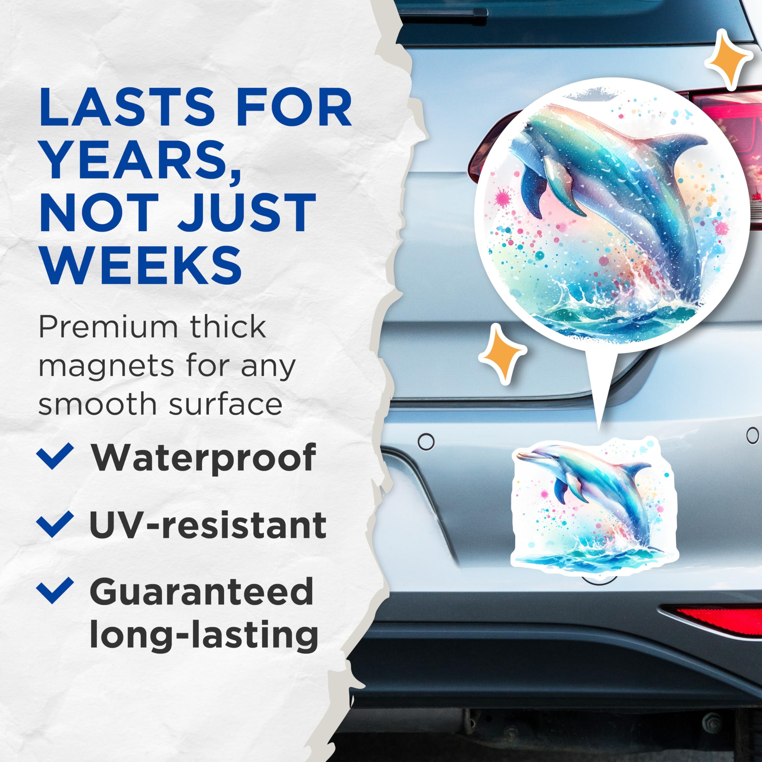 (2 Pack) Watercolor Dolphin Magnets - Ocean Animal Artwork - Fridge Decals - 5" On Longest Side - Premium Magnet - for Cars, Refrigerators, Toolboxes, Lockers - Made in USA - MAG14282