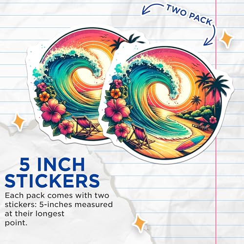 (2 Pack) Colorful Beach Wave Stickers - Tropical Surf Art - Summer Vibes Decal - 5" On Longest Side - Sticks to Smooth Flat Surfaces - Made in USA - BMCS7220