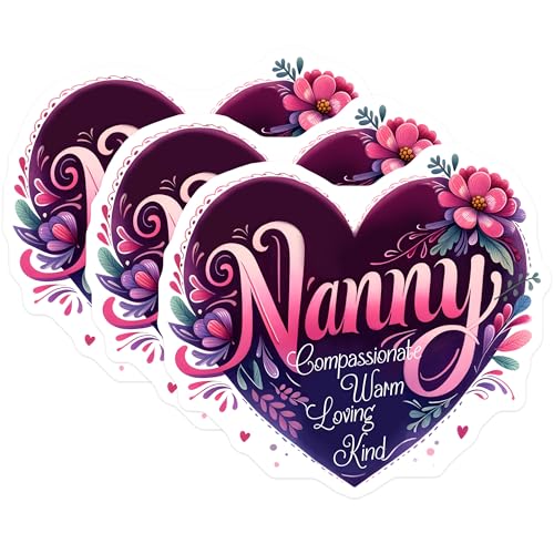 (3 Pack) Nanny Heart Decals - Compassionate Nanny - Floral Nanny Decal - 3 Inches On Longest Side - Easy Peel & Apply - Made in USA - 3MCS6951