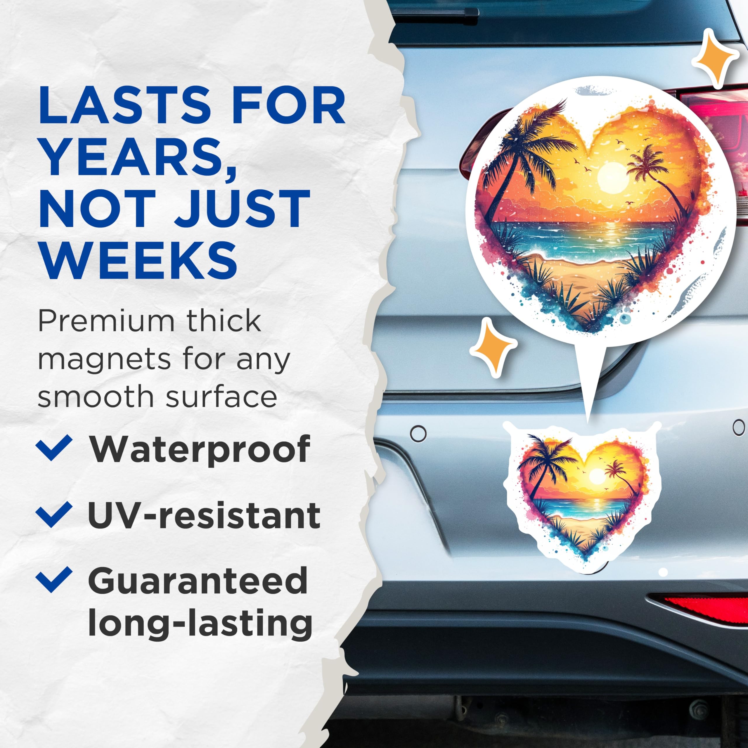 (2 Pack) Tropical Beach Sunset Heart Magnets - Palm Tree Ocean Scenery - Romantic Summer Vacation Refrigerator Art - 5 Inches On Longest Side - Thick Durable Magnet - Made in USA - MAG23843
