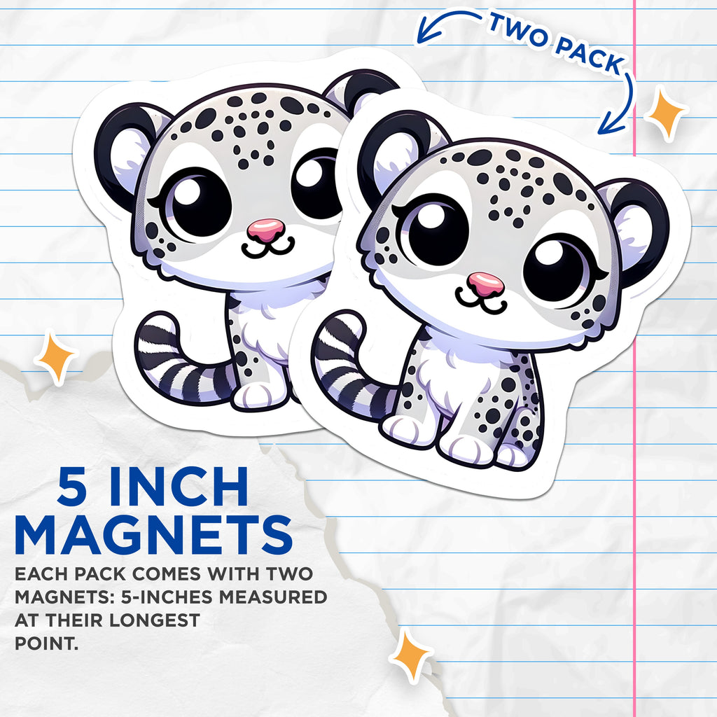 (2 Pack) Cute Snow Leopard Magnets - Kawaii Animal Decor - Fridge Locker Accessory for Kids Teens - 5 Inches On Longest Side - Thick Durable Magnet - Made in USA - MAG36810