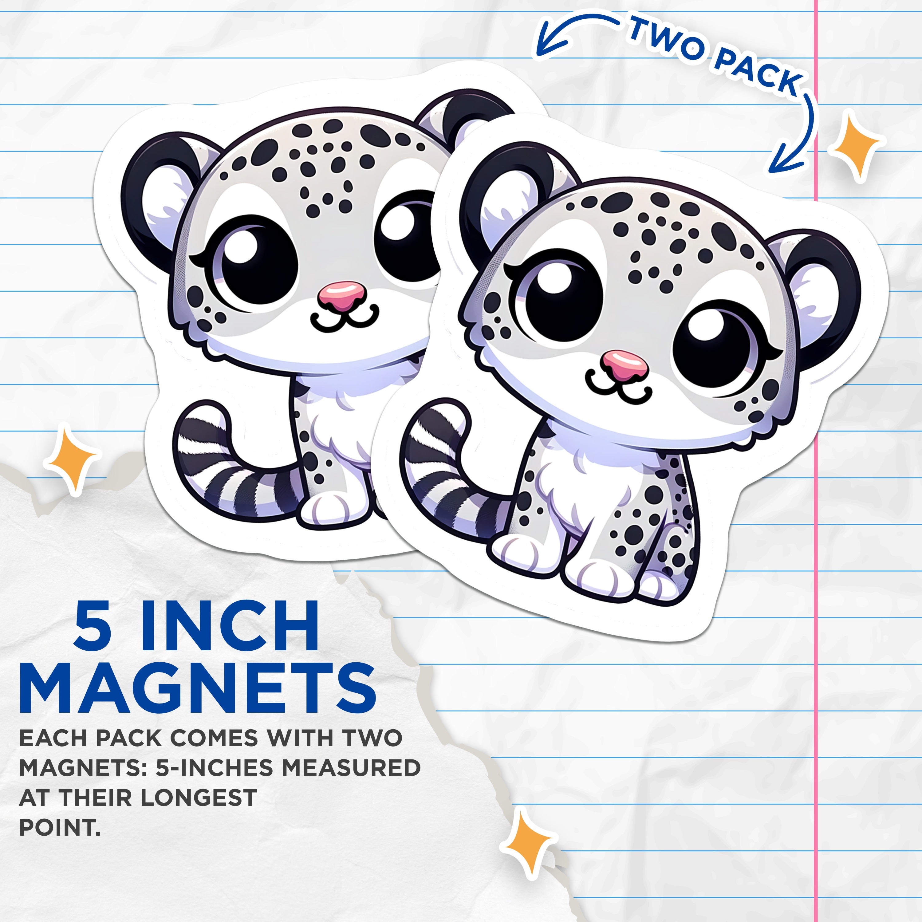(2 Pack) Cute Snow Leopard Magnets - Kawaii Animal Decor - Fridge Locker Accessory for Kids Teens - 5 Inches On Longest Side - Thick Durable Magnet - Made in USA - MAG36810