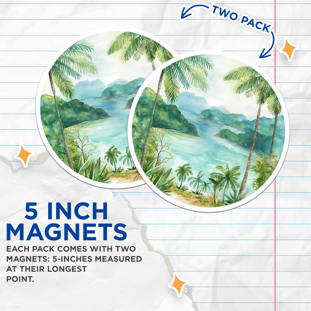 (2 Pack) Tropical Ocean Bay Magnets - Watercolor Island Landscape Art - Serene Palm Tree Coastal Scene Decor - 5 Inches On Longest Side - Thick Durable Magnet - Made in USA - MAG19911