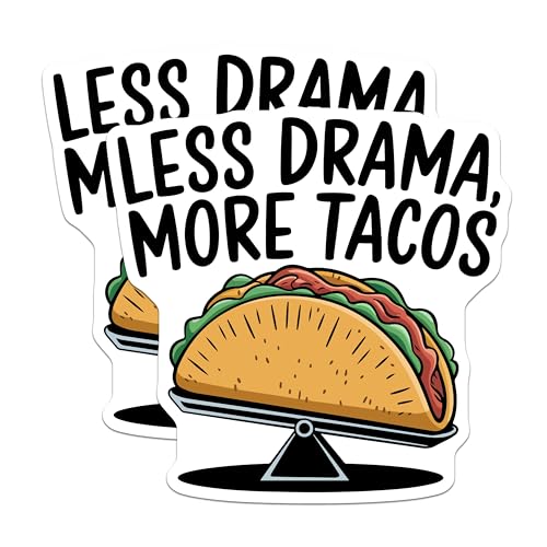 (2 Pack) Less Drama More Tacos Stickers - Funny Food Stickers - Taco Quote Stickers - 5" On Longest Side - Sticks to Smooth Flat Surfaces - Made in USA - BMCS5773