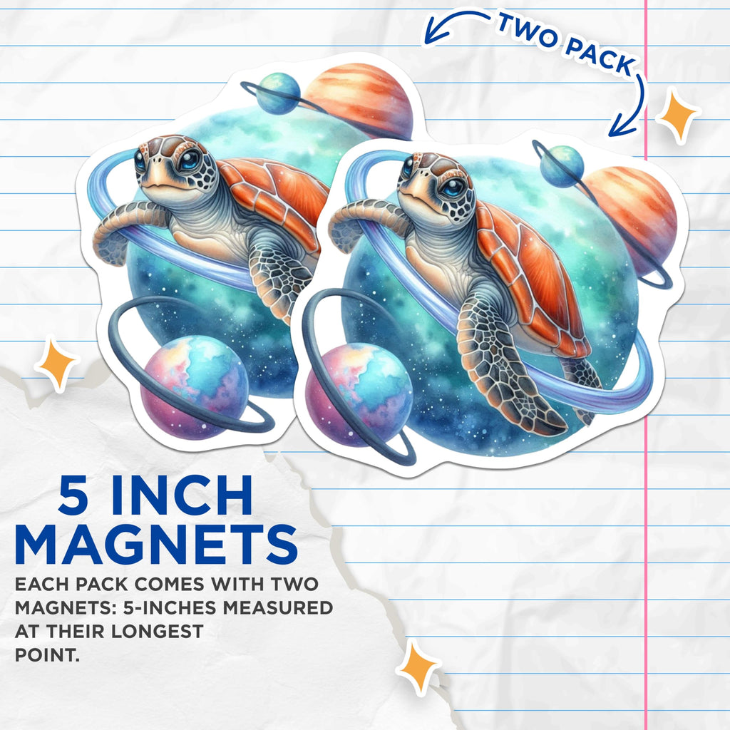 (2 Pack) Sea Turtle Magnets - Cosmic Planet Art - Whimsical Ocean Creature - Space Themed Refrigerator Magnets - 5 Inches On Longest Side - Thick Durable Magnet - Made in USA - MAG22429