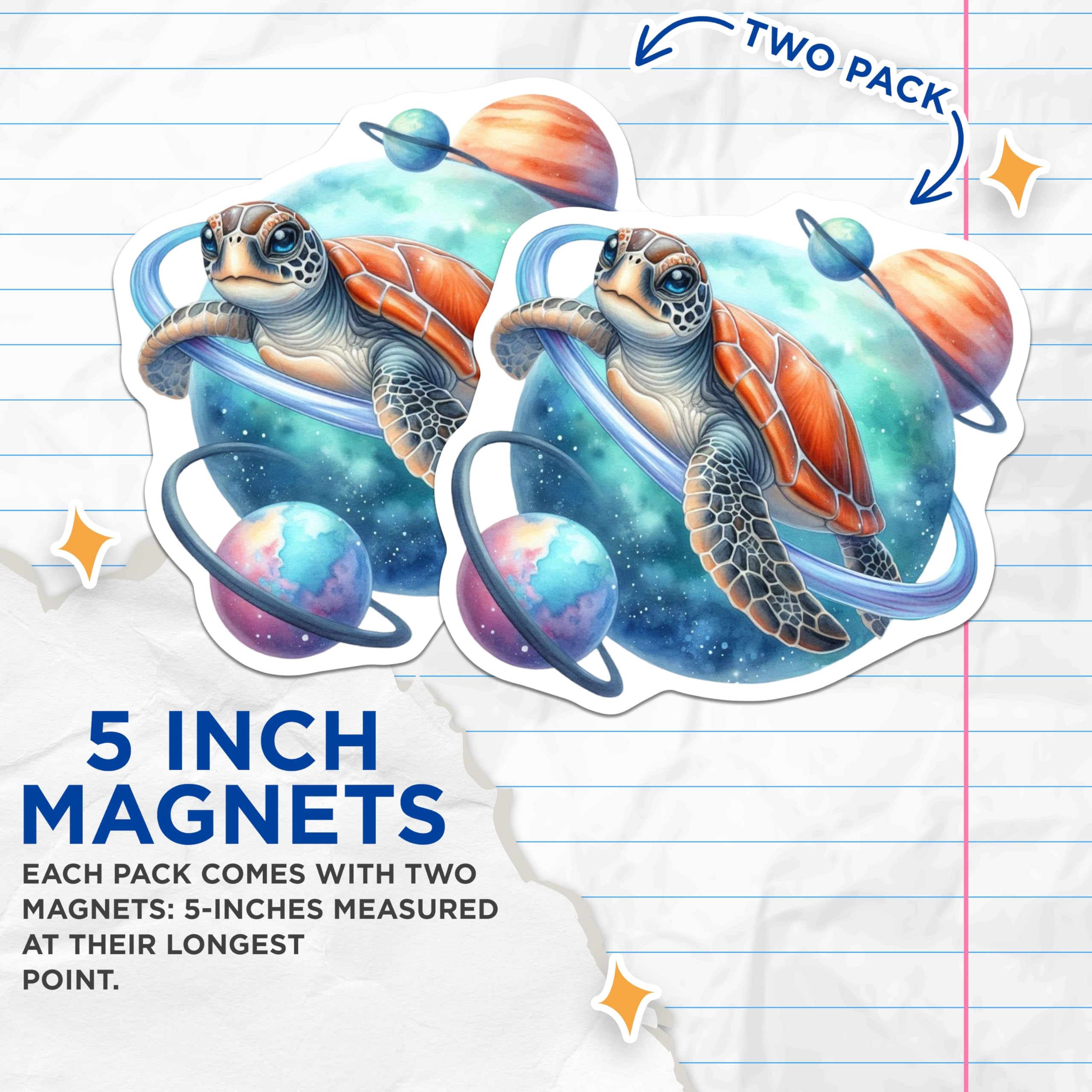 (2 Pack) Sea Turtle Magnets - Cosmic Planet Art - Whimsical Ocean Creature - Space Themed Refrigerator Magnets - 5 Inches On Longest Side - Thick Durable Magnet - Made in USA - MAG22429