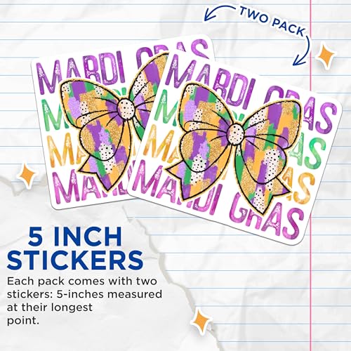 (2 Pack) Mardi Gras Stickers - Bow Design - Colorful Parade Art - 5" On Longest Side - Sticks to Smooth Flat Surfaces - Made in USA - BMCS6381