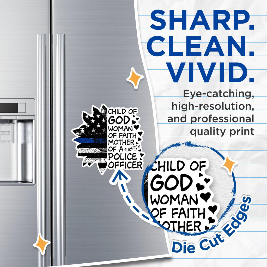 (2 Packs) Child of God Woman of Faith Mother of A Police Officer Magnets - Police Mom Magnets - 5" On Longest Side - Premium Magnet - for Fridges, Toolboxes, Cars - Made in USA - MAG2456