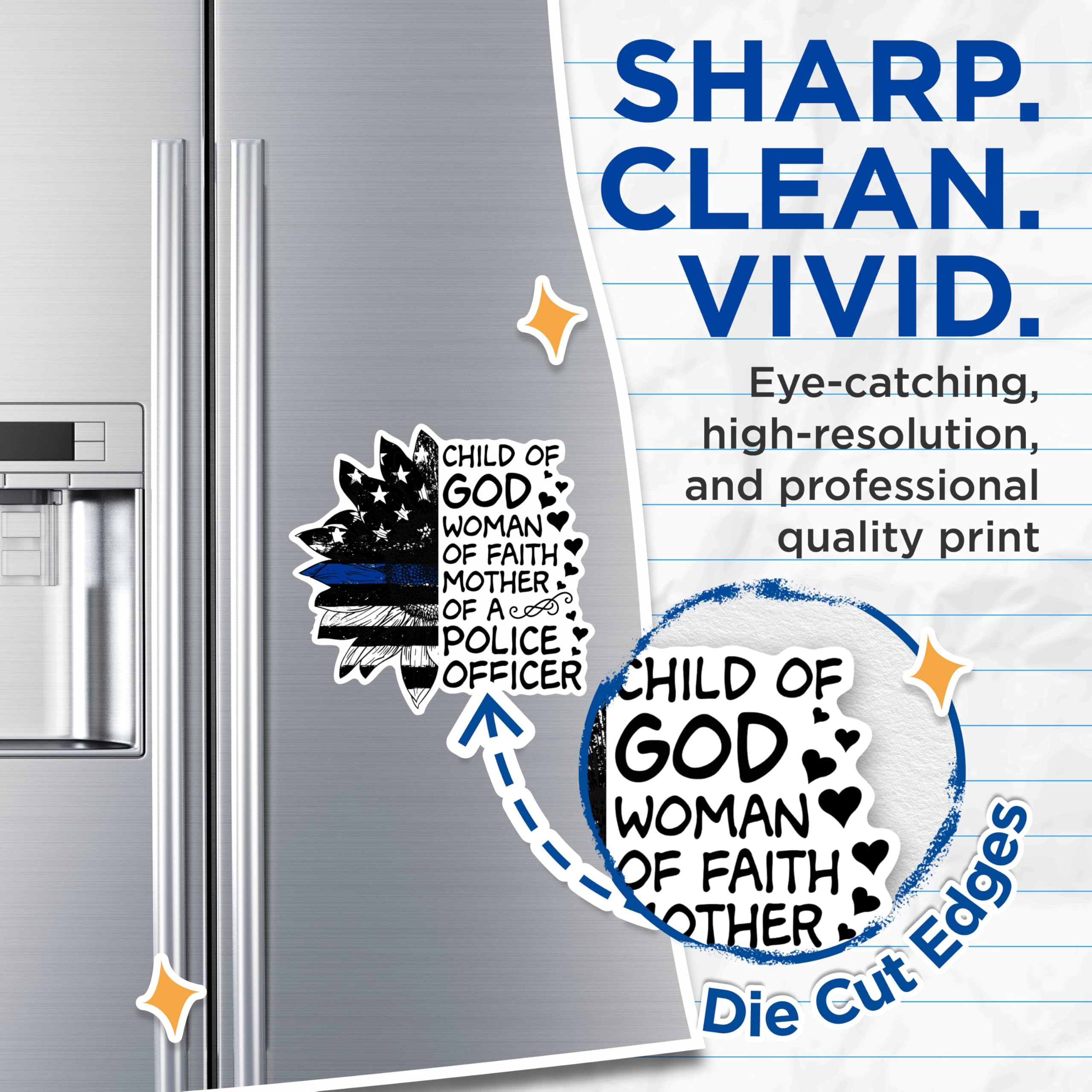 (2 Packs) Child of God Woman of Faith Mother of A Police Officer Magnets - Police Mom Magnets - 5" On Longest Side - Premium Magnet - for Fridges, Toolboxes, Cars - Made in USA - MAG2456