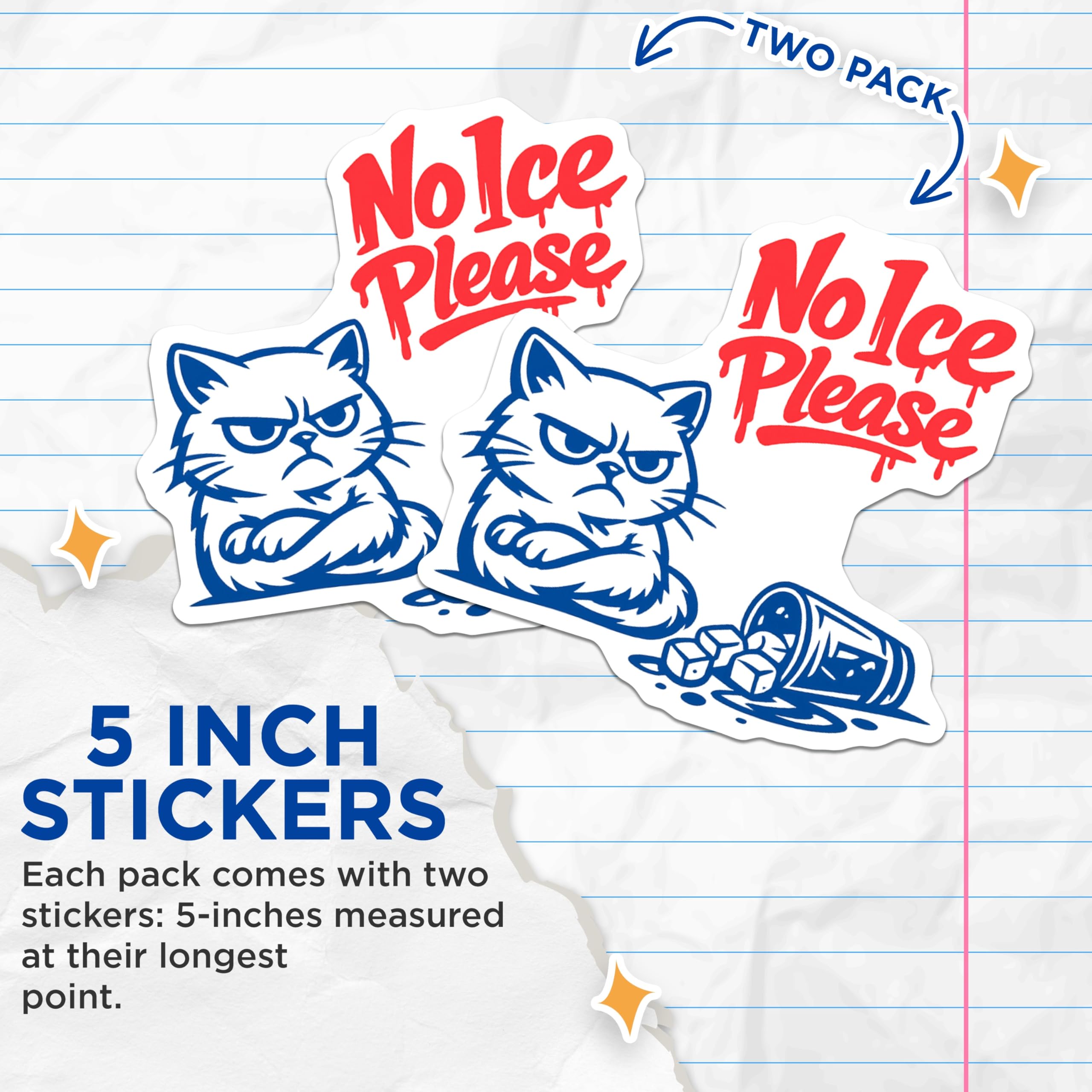 (2 Pack) Grumpy Cat Stickers - No Ice Please Meme - Sarcastic Attitude Feline Decal - 5" On Longest Side - Sticks to Smooth Flat Surfaces - Made in USA - BMCS21910