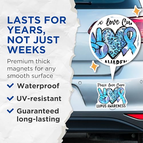(2 Pack) Peace Love Cure Lupus Awareness Magnets - Awareness Ribbon - Lupus Support Magnets - 5" On Longest Side - for Cars, Fridges, Toolboxes - Made in USA - MAG4286