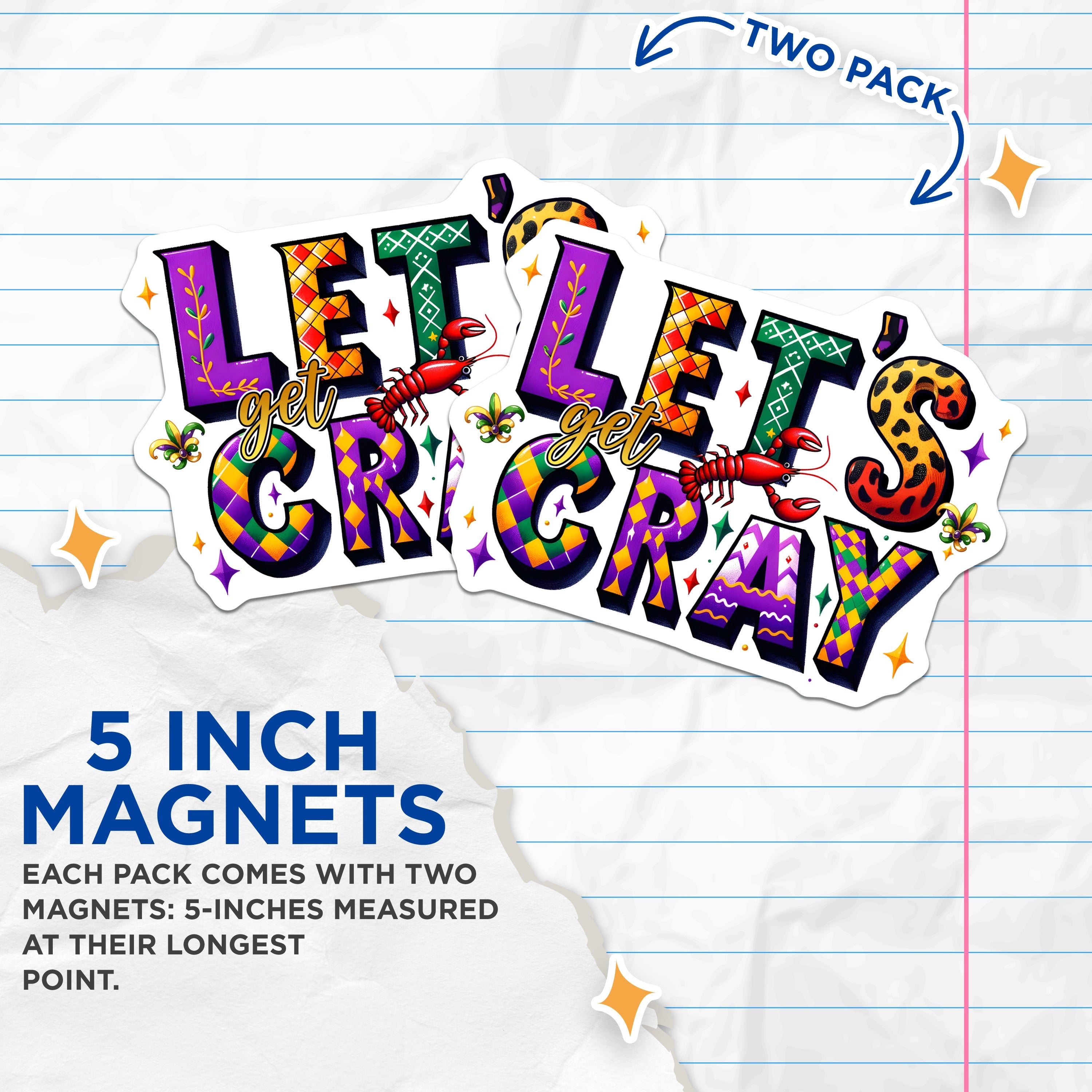 (2 Pack) Mardi Gras Crawfish Magnets - Lets Get Cray Decor - New Orleans Party Fridge - 5 Inches On Longest Side - Thick Durable Magnet - Made in USA - MAG39161
