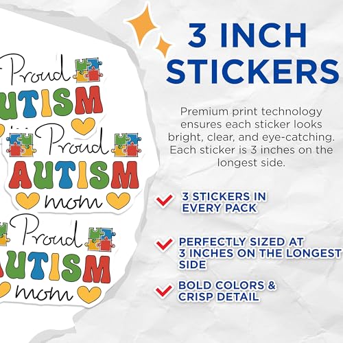 (3 Pack) Proud Autism Mom Decals - Autism Awareness - Laptop Decal - 3 Inches On Longest Side - Easy Peel & Apply - Made in USA - 3MCS8467