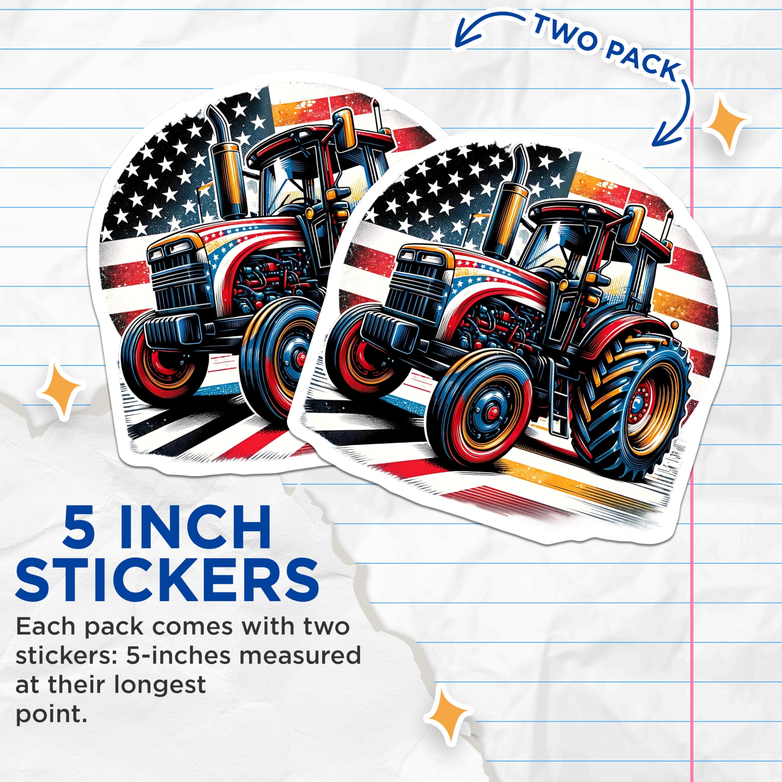 (2 Pack) Tractor Stickers - Patriotic American Flag Tractor - Farm Stickers - 5" On Longest Side - Sticks to Smooth Flat Surfaces - Made in USA - BMCS15420