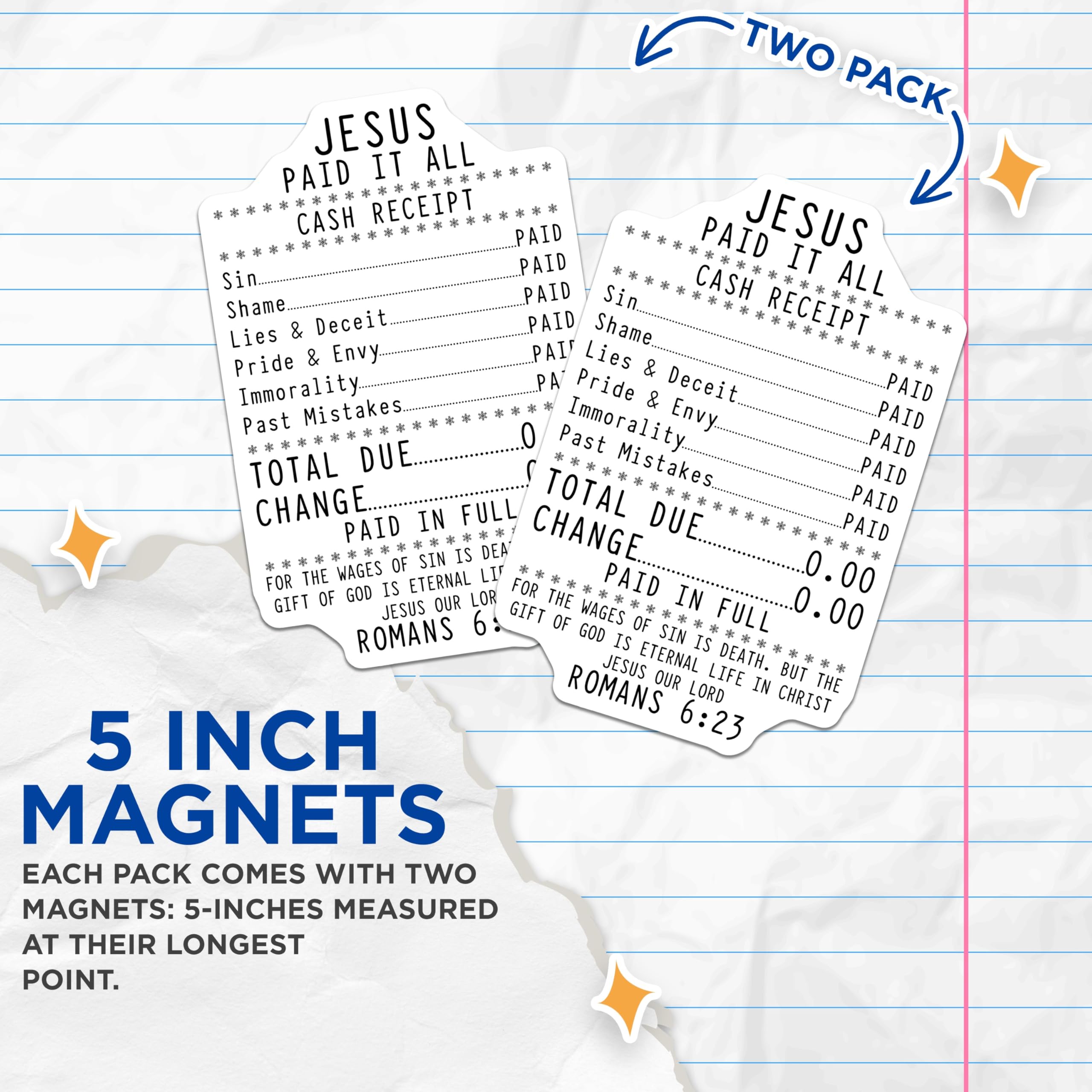 (2 Pack) Jesus Paid It All Magnets - Christian Faith Magnets - Romans 6 23 Scripture - Spiritual Home Decor - 5 Inches On Longest Side - Thick Durable Magnet - Made in USA - MAG30774