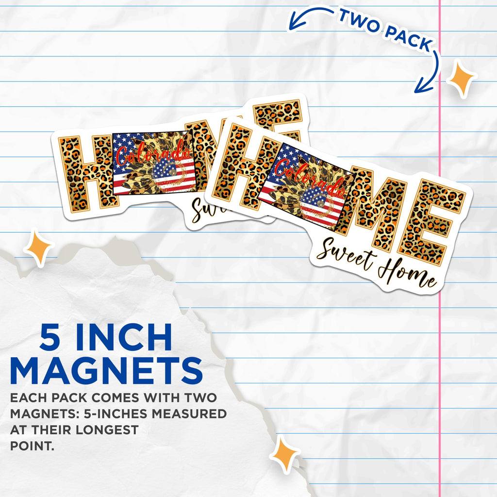 (2 Pack) Colorado Home Sweet Home Magnets - Leopard Print Sunflower - American Flag Decor - 5 Inches On Longest Side - Thick Durable Magnet - Made in USA - MAG19438