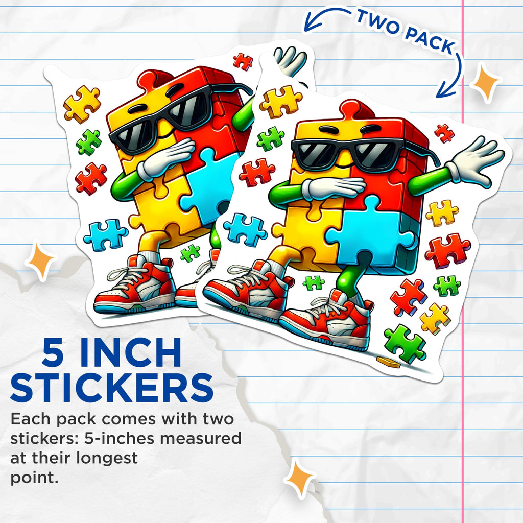 (2 Pack) Puzzle Piece Character Stickers - Cool Puzzle Design - Fun Puzzling Decor - 5" On Longest Side - Sticks to Smooth Flat Surfaces - Made in USA - BMCS9692