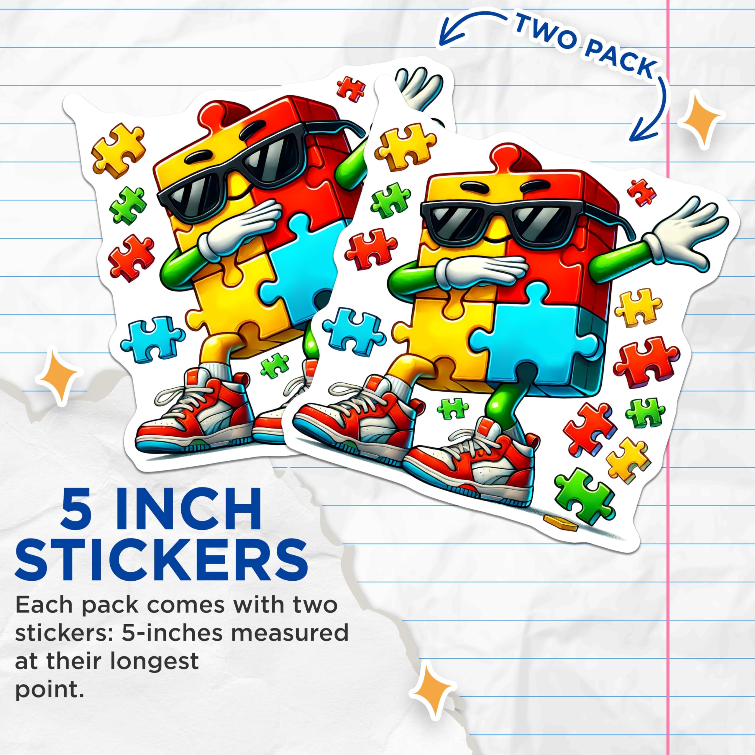 (2 Pack) Puzzle Piece Character Stickers - Cool Puzzle Design - Fun Puzzling Decor - 5" On Longest Side - Sticks to Smooth Flat Surfaces - Made in USA - BMCS9692