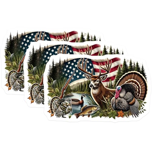 (3 Pack) Hunting Scene Decals - American Flag - Deer Turkey Fish Sticker - 3 Inches On Longest Side - Easy Peel & Apply - Made in USA - 3MCS7419