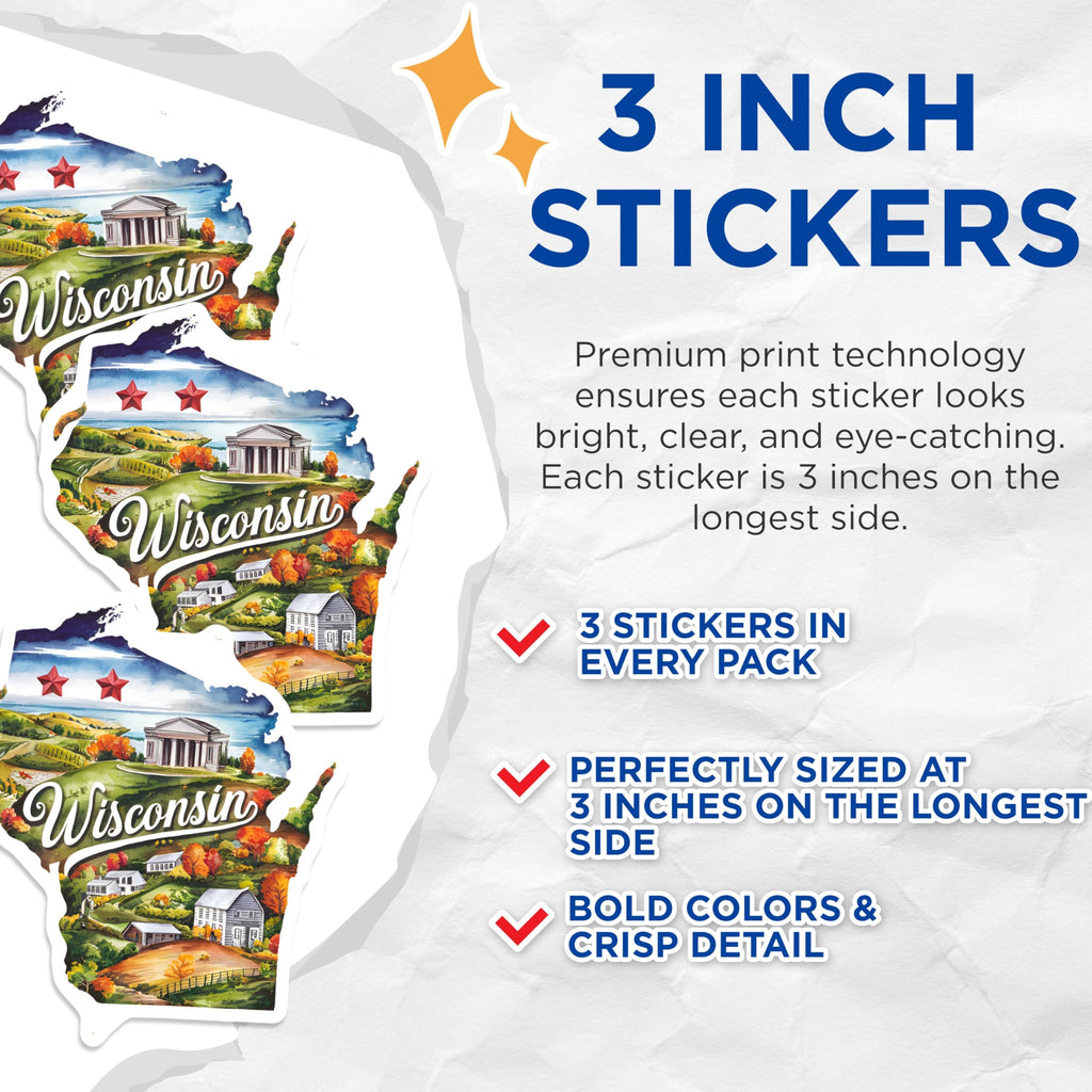 (3 Pack) Wisconsin Map Decals - Watercolor State Art - Laptop Decal - Scrapbook Stickers - Planner Decoration- 3 Inches On Longest Side - Easy Peel & Apply - Made in USA - 3MCS5052