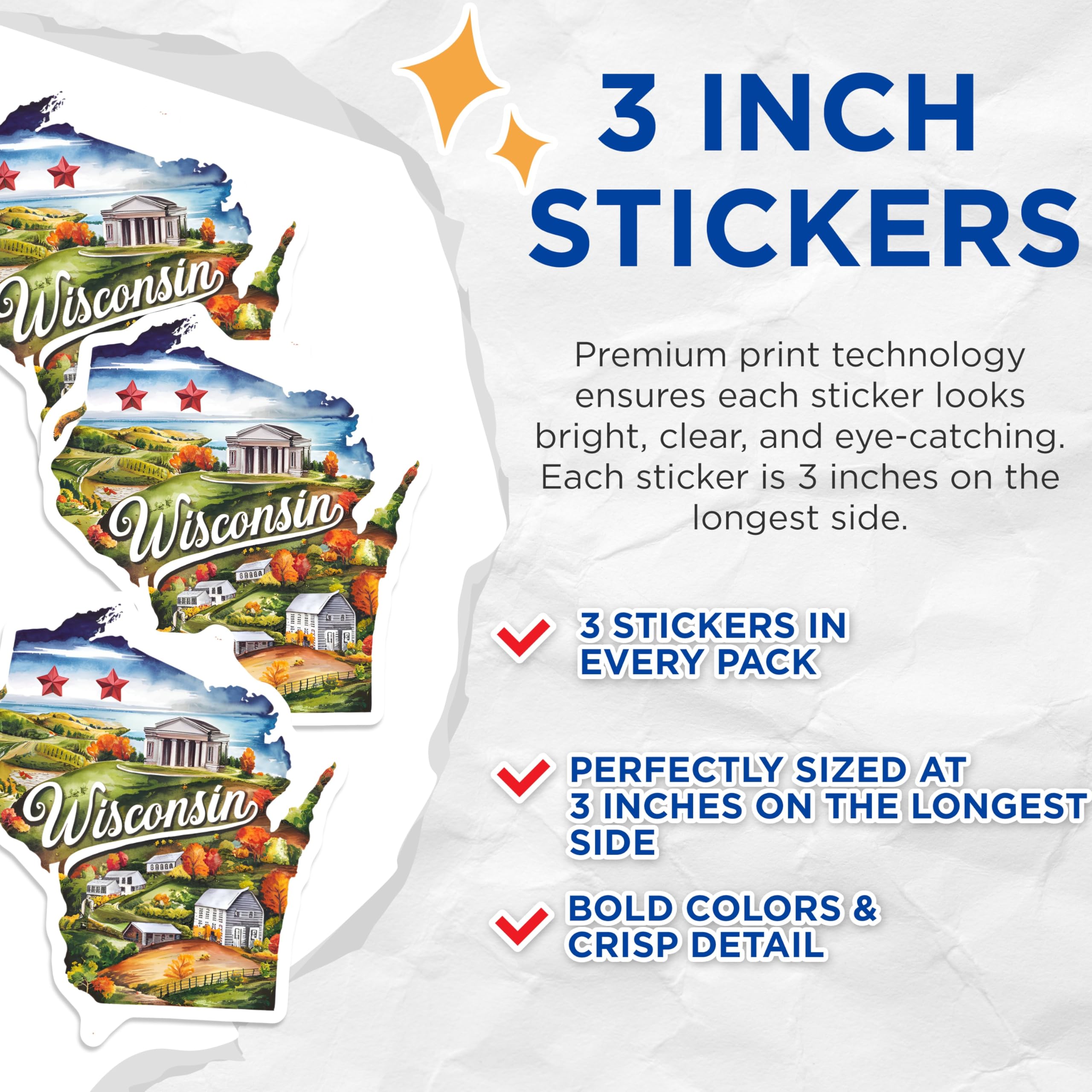 (3 Pack) Wisconsin Map Decals - Watercolor State Art - Laptop Decal - Scrapbook Stickers - Planner Decoration- 3 Inches On Longest Side - Easy Peel & Apply - Made in USA - 3MCS5052