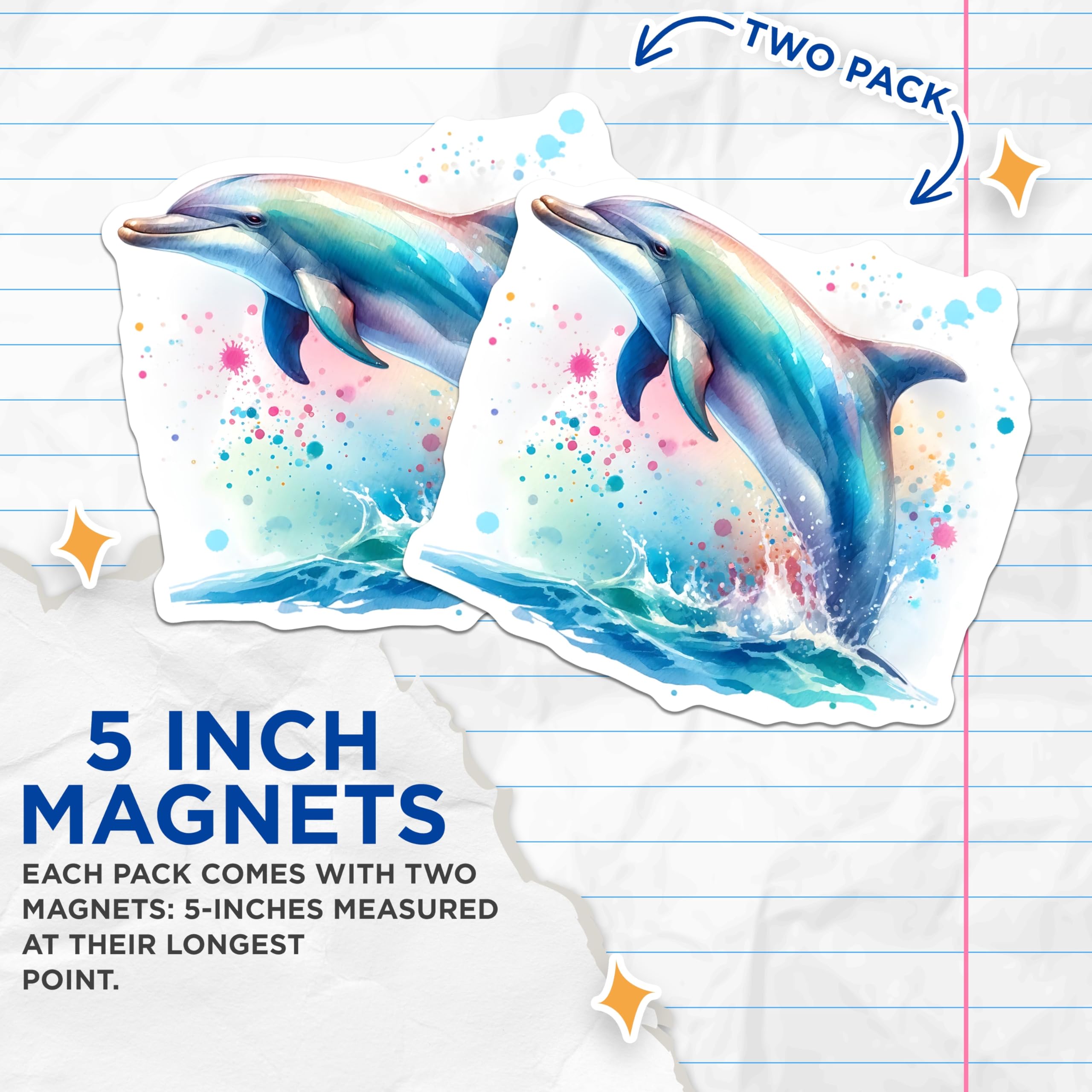 (2 Pack) Watercolor Dolphin Magnets - Ocean Animal Artwork - Fridge Decals - 5" On Longest Side - Premium Magnet - for Cars, Refrigerators, Toolboxes, Lockers - Made in USA - MAG14282