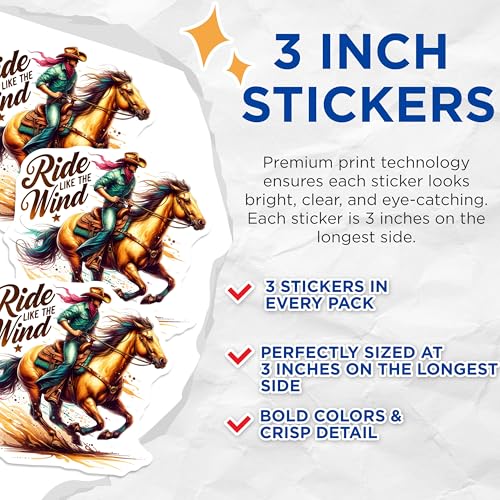 (3 Pack) Horse Riding Decals - Cowboy Decal - Ride Like The Wind Decal- 3 Inches On Longest Side - Easy Peel & Apply - Made in USA - 3MCS5678