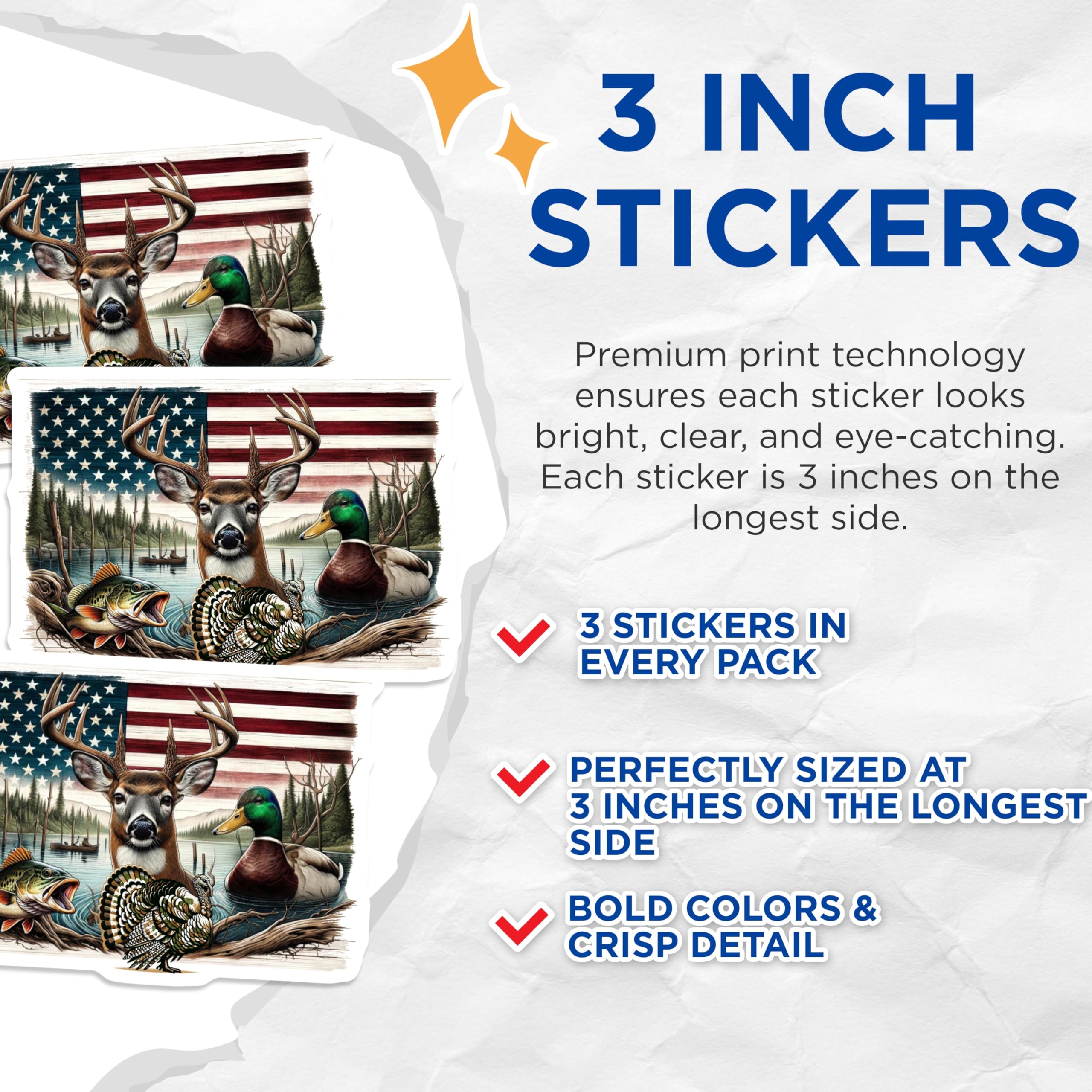 (3 Pack) American Wildlife Decals - Patriotic Animals - Outdoor Enthusiast Decals - 3 Inches On Longest Side - Easy Peel & Apply - Made in USA - 3MCS4785