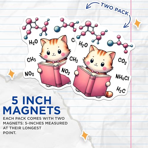(2 Pack) Cute Science Cat Magnets - Kawaii Chemistry Cat - Cute Fridge Decor - 5" On Longest Side - for Cars, Fridges, Toolboxes - Made in USA - MAG8021