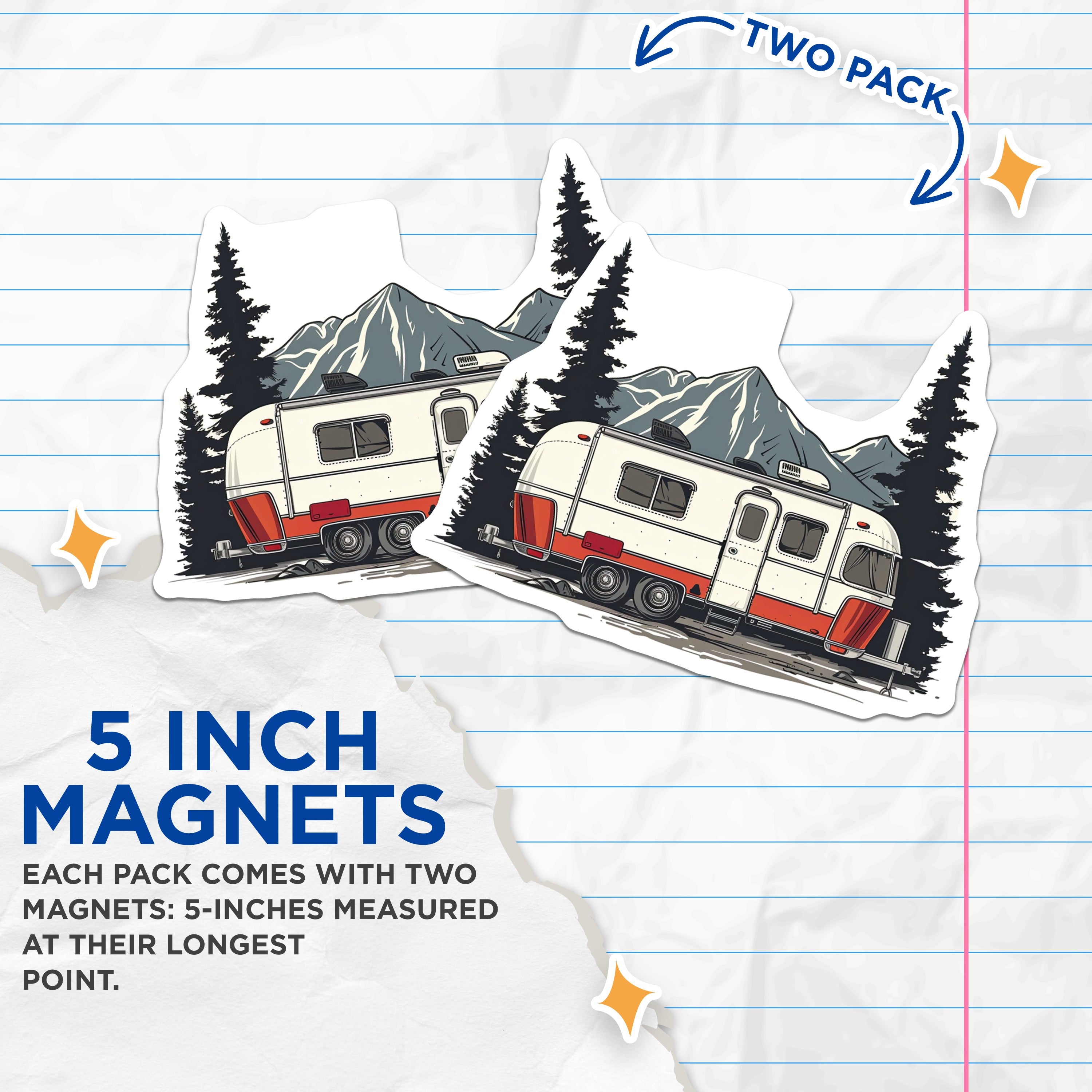 (2 Pack) Vintage Camper Magnets - RV Travel Aesthetic - Mountain Pine Tree - Outdoor Adventure Enthusiast - 5 Inches On Longest Side - Thick Durable Magnet - Made in USA - MAG38617