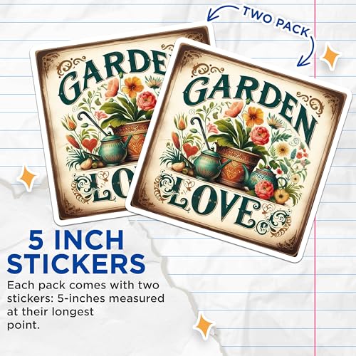 (2 Pack) Garden Love Stickers - Floral Garden Art - Gardening Enthusiast - 5" On Longest Side - Sticks to Smooth Flat Surfaces - Made in USA - BMCS6499