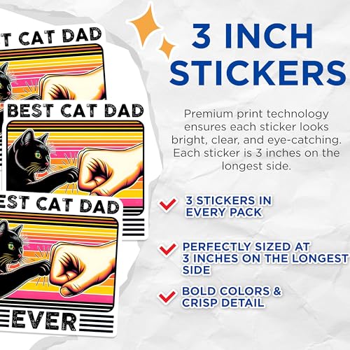 (3 Pack) Cat Dad Decals - Best Cat Dad Ever - Feline Lover Stickers - 3 Inches On Longest Side - Easy Peel & Apply - Made in USA - 3MCS6234