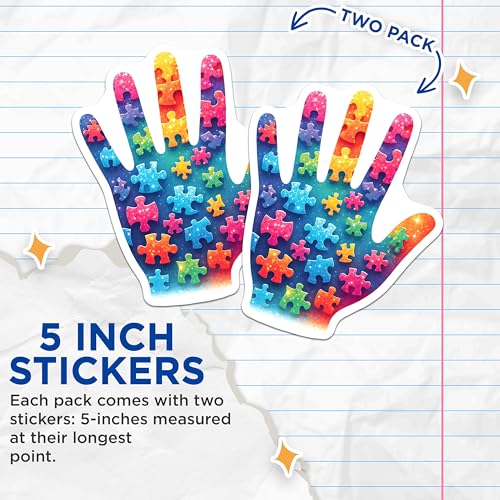 (2 Pack) Autism Awareness Stickers - Hand Puzzle Piece Design - Colorful Kids - Special Needs Support - Inclusion - 5" On Longest Side - Sticks to Smooth Flat Surfaces - Made in USA - BMCS7891