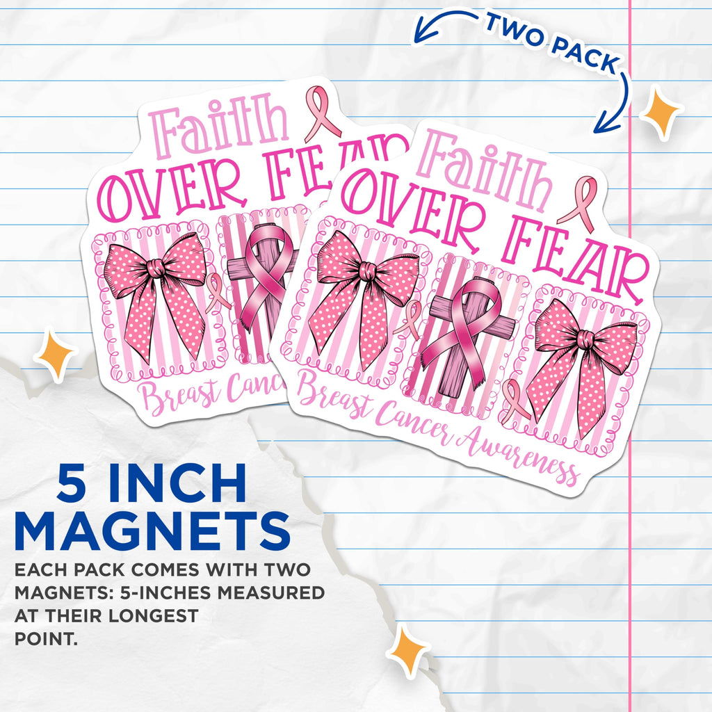 (2 Pack) Breast Cancer Awareness Magnets - Pink Ribbon Cross - Faith Over Fear Decor - 5" On Longest Side - Premium Magnet - for Cars, Refrigerators, Toolboxes, Lockers - Made in USA - MAG16308